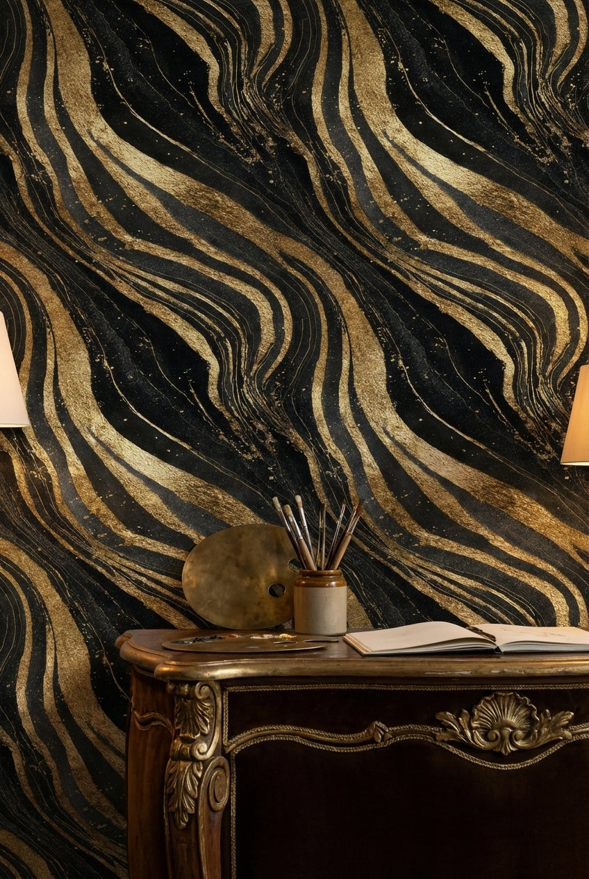 Golden Look Waves on Deep Black Abstract Wallpaper