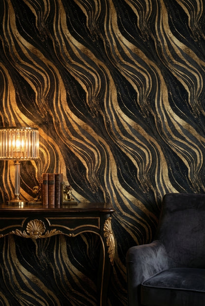 Golden Look Waves on Deep Black Abstract Wallpaper