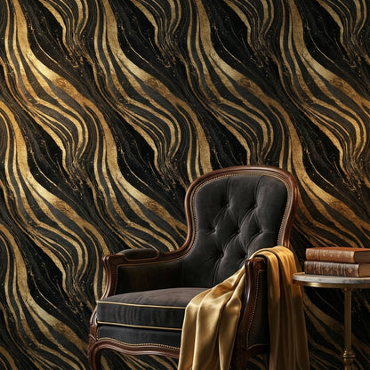 Golden Look Waves on Deep Black Abstract Wallpaper