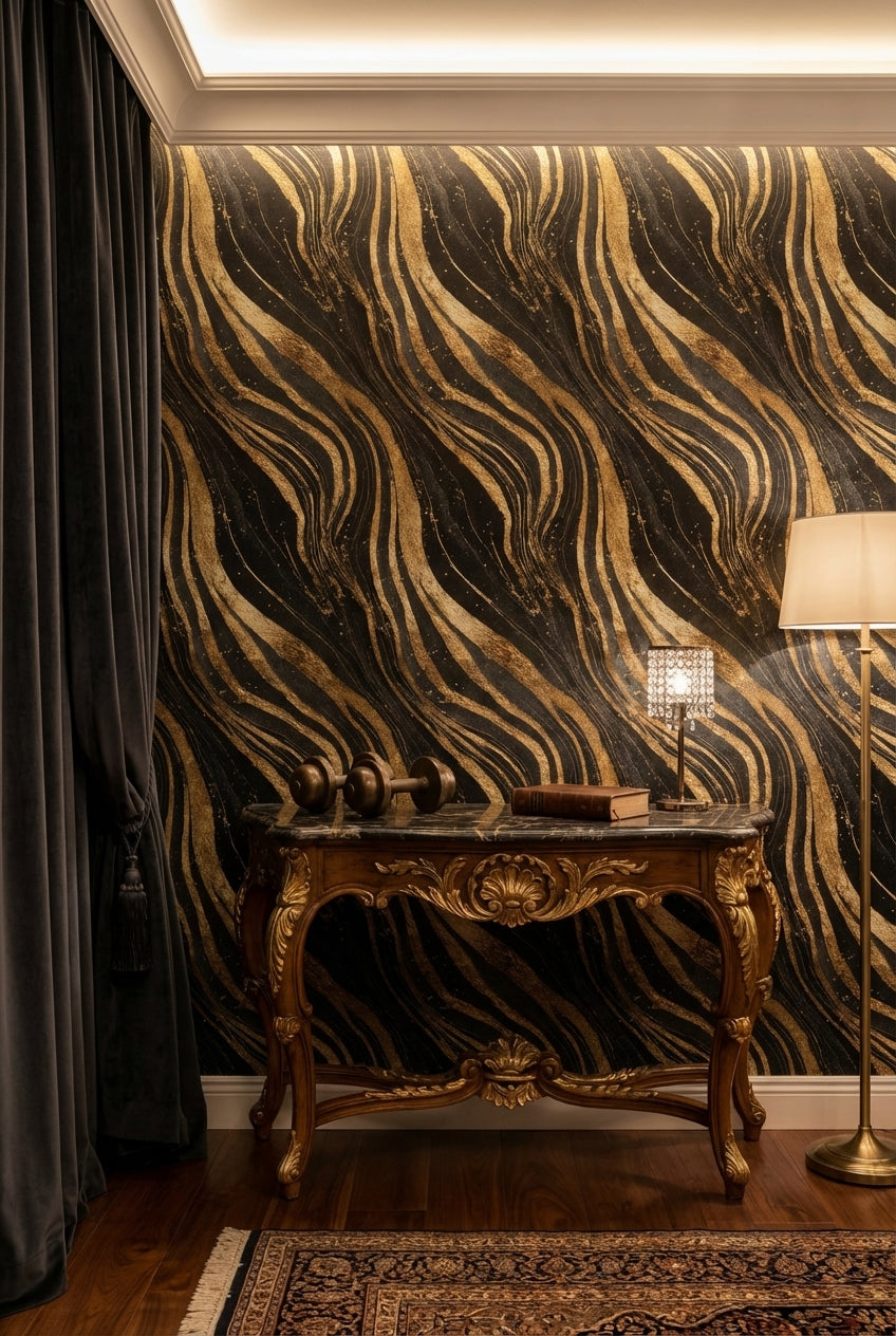 Golden Look Waves on Deep Black Abstract Wallpaper