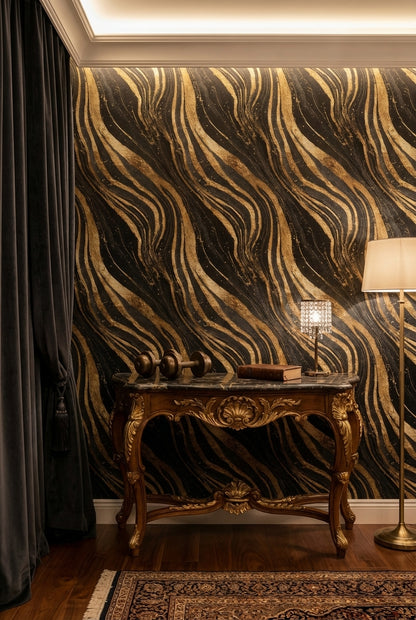 Golden Look Waves on Deep Black Abstract Wallpaper