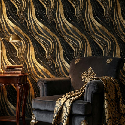 Golden Look Waves on Deep Black Abstract Wallpaper