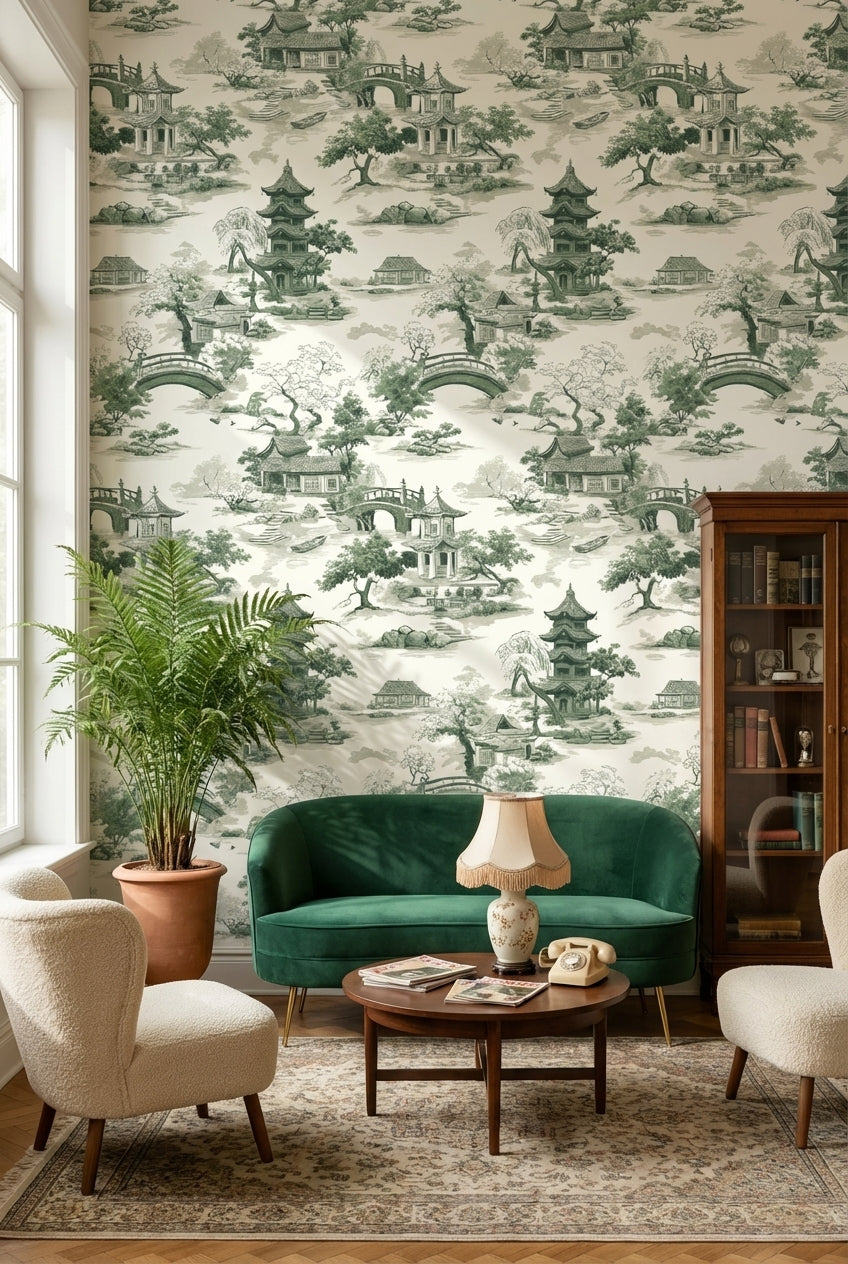 Cream and Green Chinoiserie Architecture Wallpaper