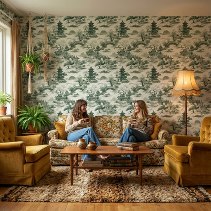 Cream and Green Chinoiserie Architecture Wallpaper