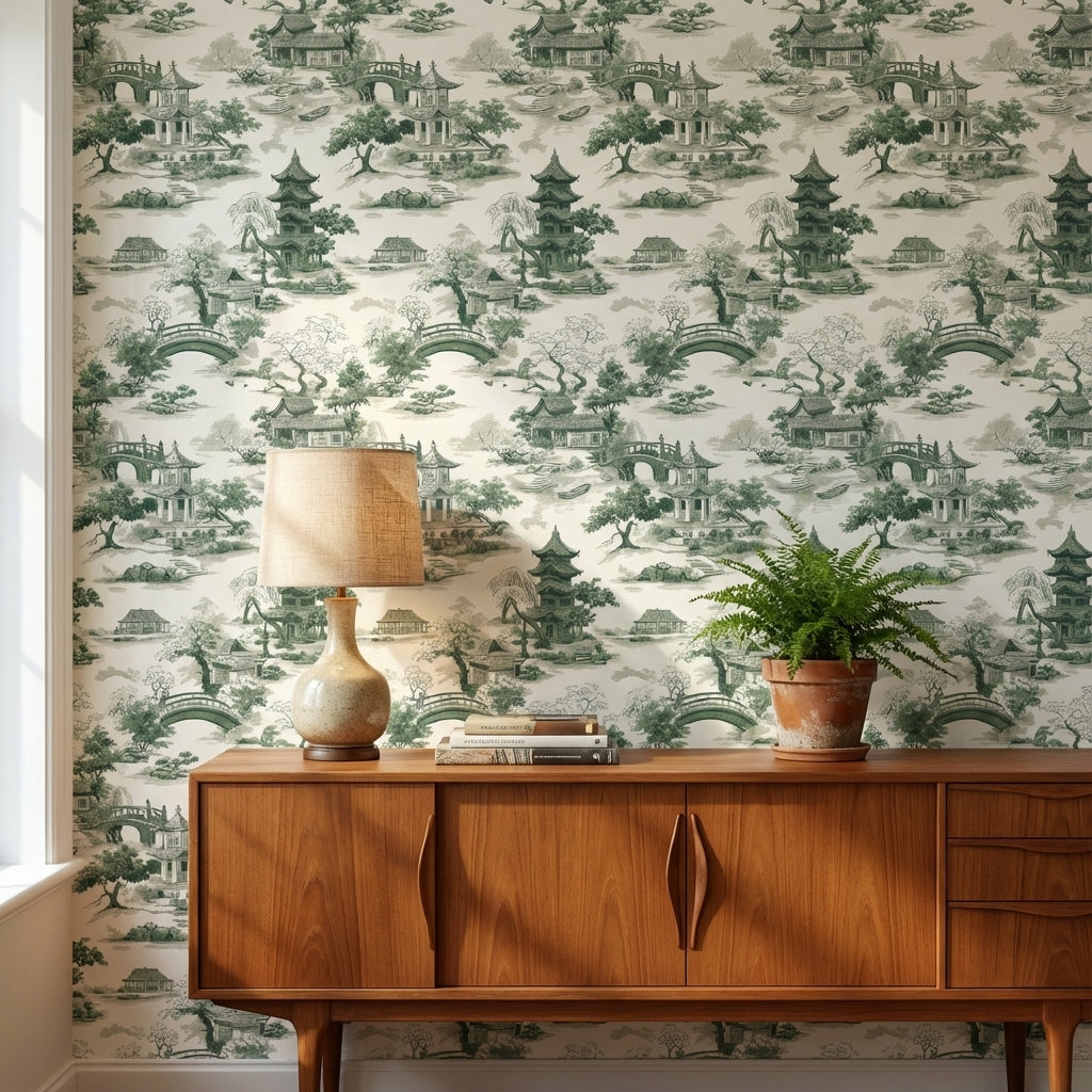 Cream and Green Chinoiserie Architecture Wallpaper