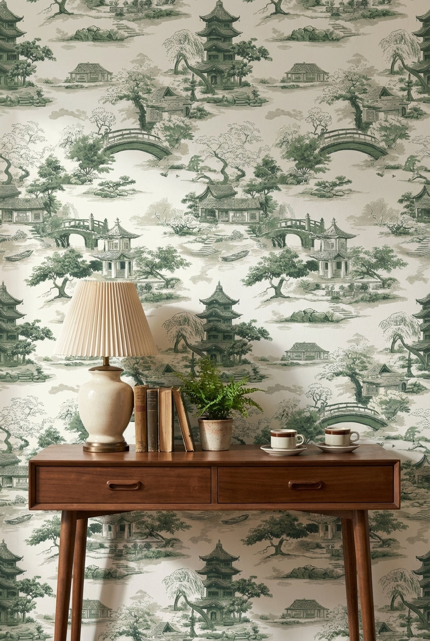 Cream and Green Chinoiserie Architecture Wallpaper