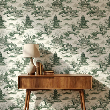 Cream and Green Chinoiserie Architecture Wallpaper