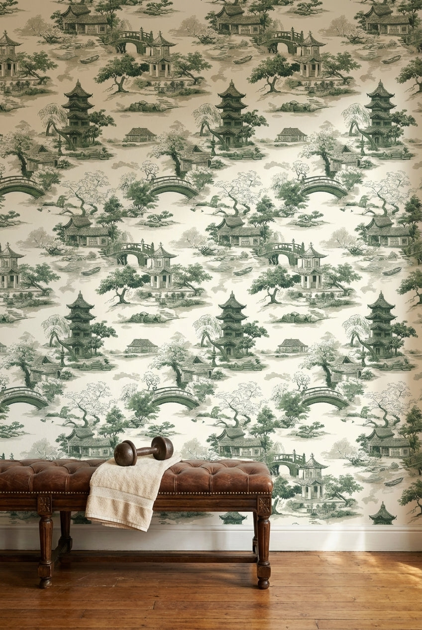 Cream and Green Chinoiserie Architecture Wallpaper