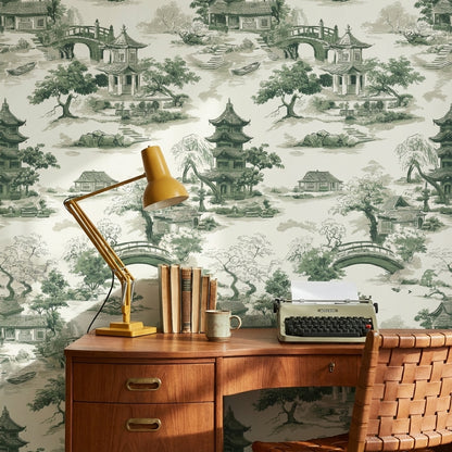 Cream and Green Chinoiserie Architecture Wallpaper