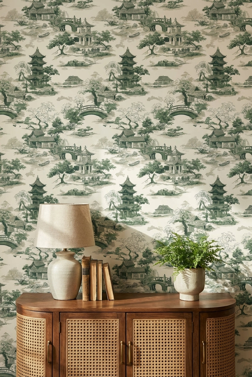 Cream and Green Chinoiserie Architecture Wallpaper