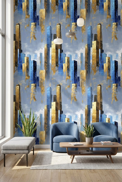Blue and Gold Look Abstract Geometric Wallpaper