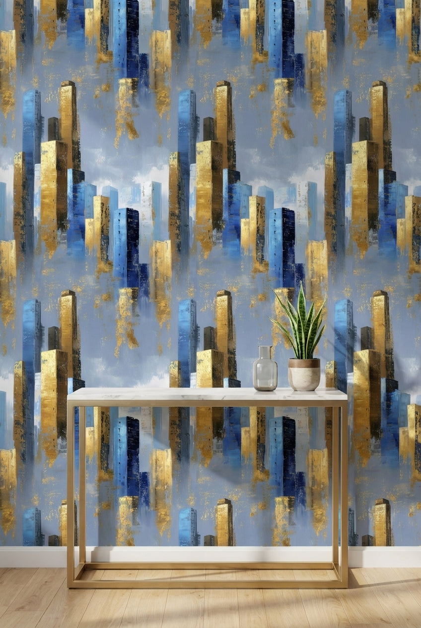 Blue and Gold Look Abstract Geometric Wallpaper