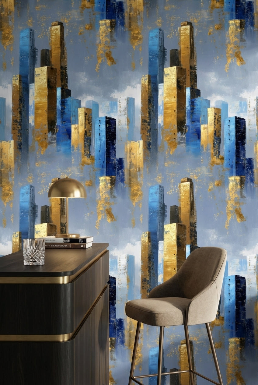 Blue and Gold Look Abstract Geometric Wallpaper