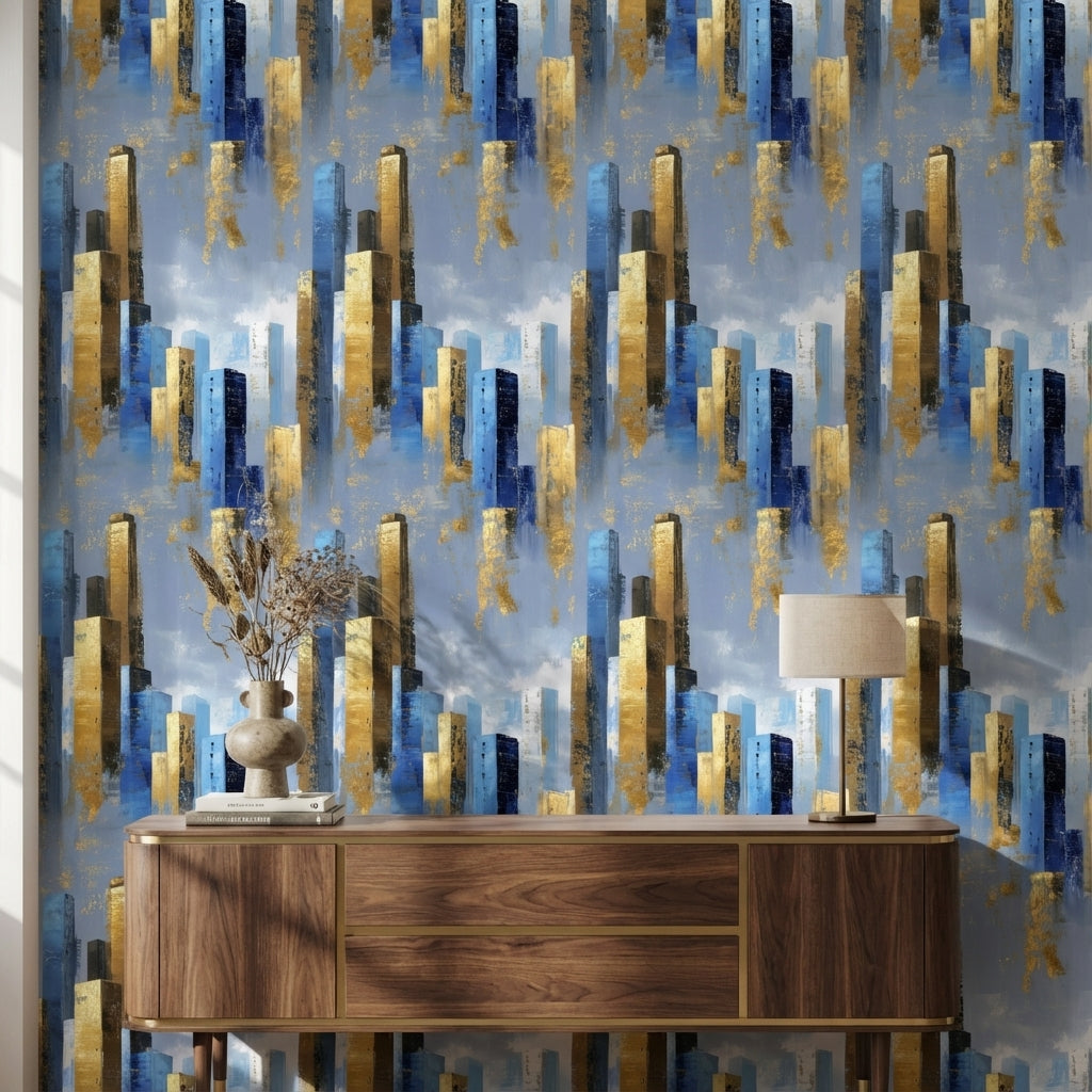 Blue and Gold Look Abstract Geometric Wallpaper