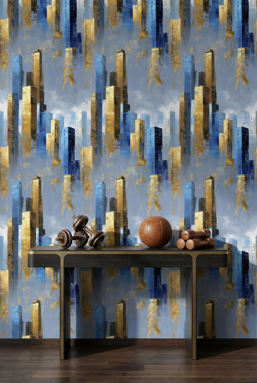 Blue and Gold Look Abstract Geometric Wallpaper
