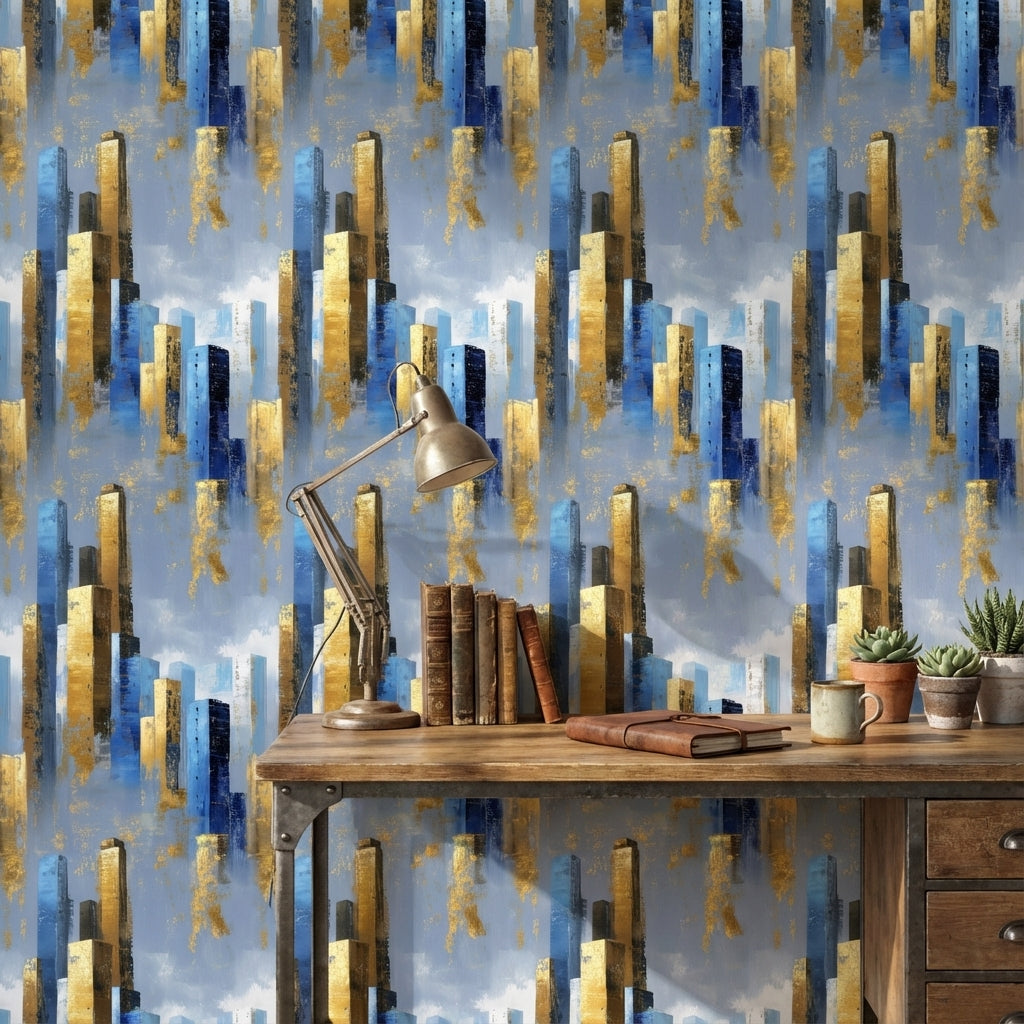 Blue and Gold Look Abstract Geometric Wallpaper