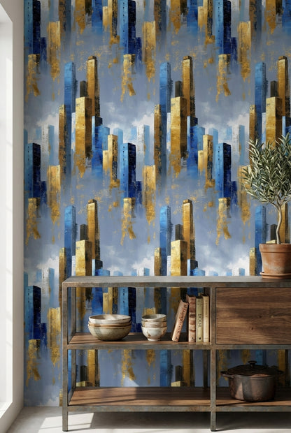 Blue and Gold Look Abstract Geometric Wallpaper