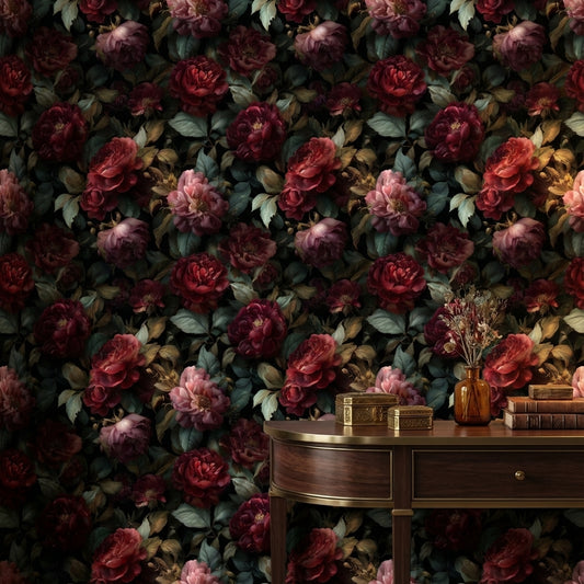 Moody Dark Red Rose Floral Wallpaper