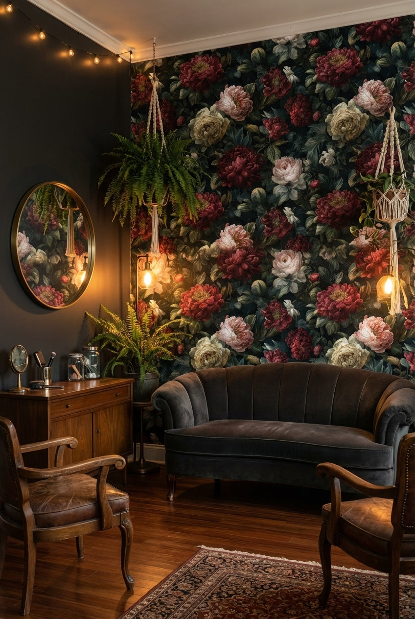 Dark Elegance Red Peony Floral Wallpaper