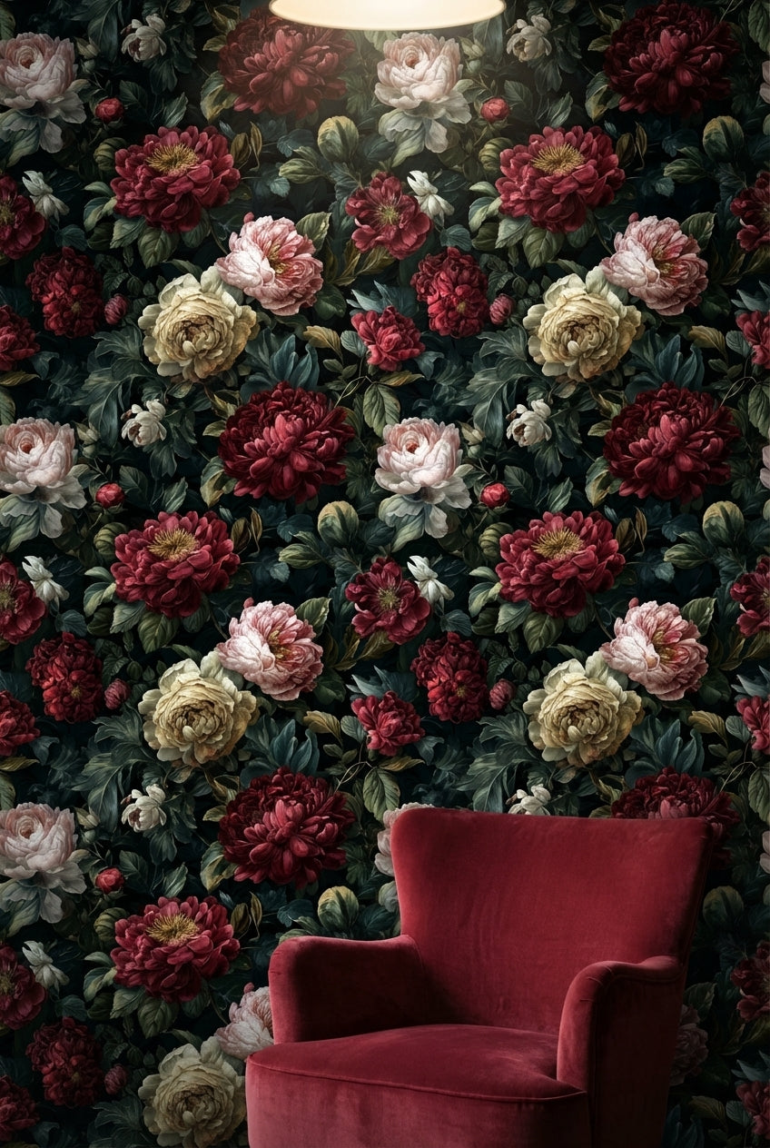 Dark Elegance Red Peony Floral Wallpaper
