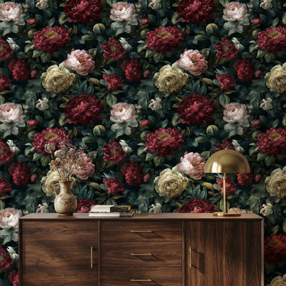 Dark Elegance Red Peony Floral Wallpaper