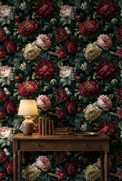 Dark Elegance Red Peony Floral Wallpaper