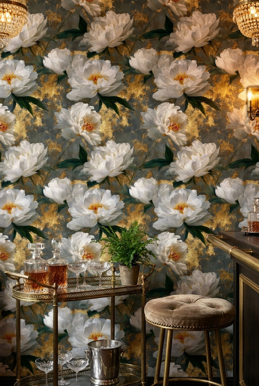 Opulent Gold and Gray Large Floral Wallpaper