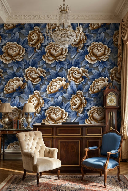 Royal Blue and Beige Peony Floral Wallpaper