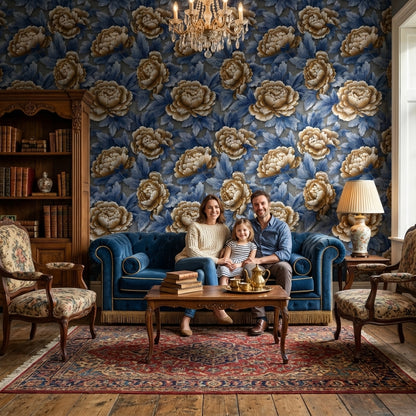 Royal Blue and Beige Peony Floral Wallpaper