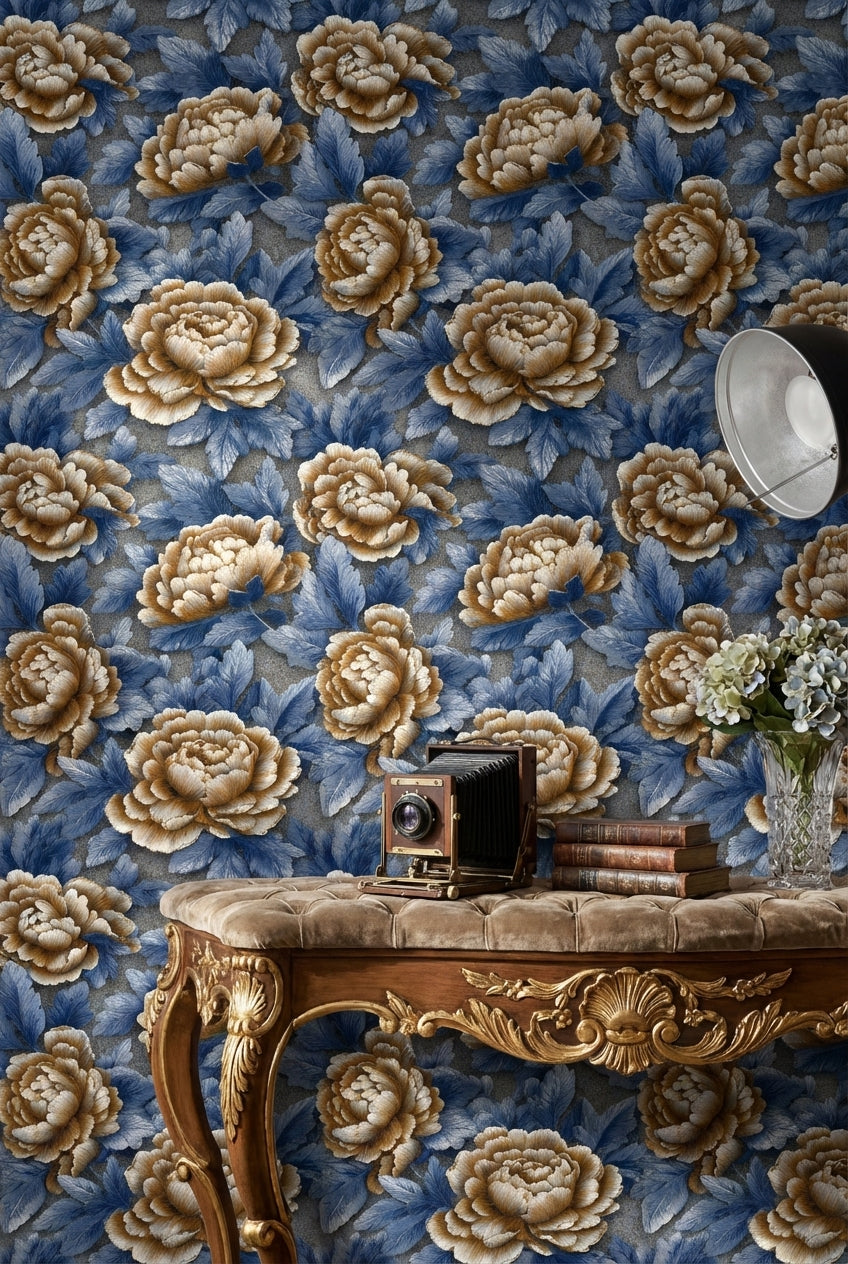 Royal Blue and Beige Peony Floral Wallpaper