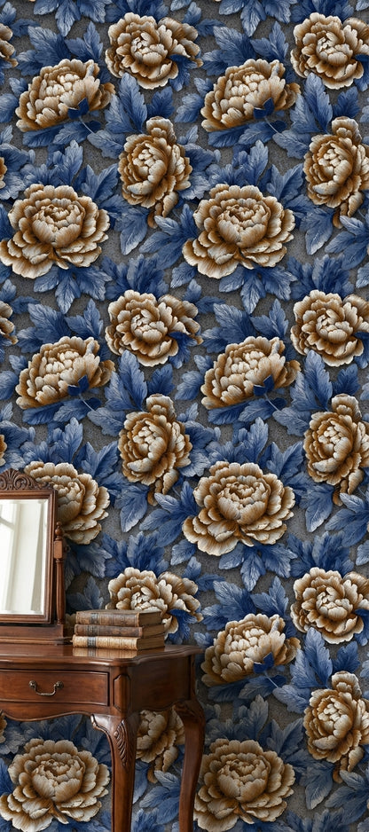 Royal Blue and Beige Peony Floral Wallpaper