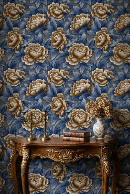 Royal Blue and Beige Peony Floral Wallpaper
