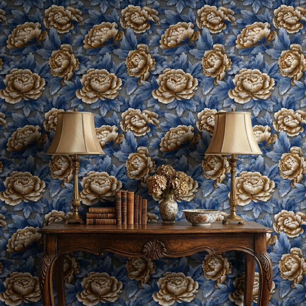 Royal Blue and Beige Peony Floral Wallpaper