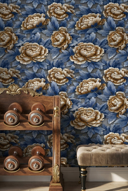 Royal Blue and Beige Peony Floral Wallpaper