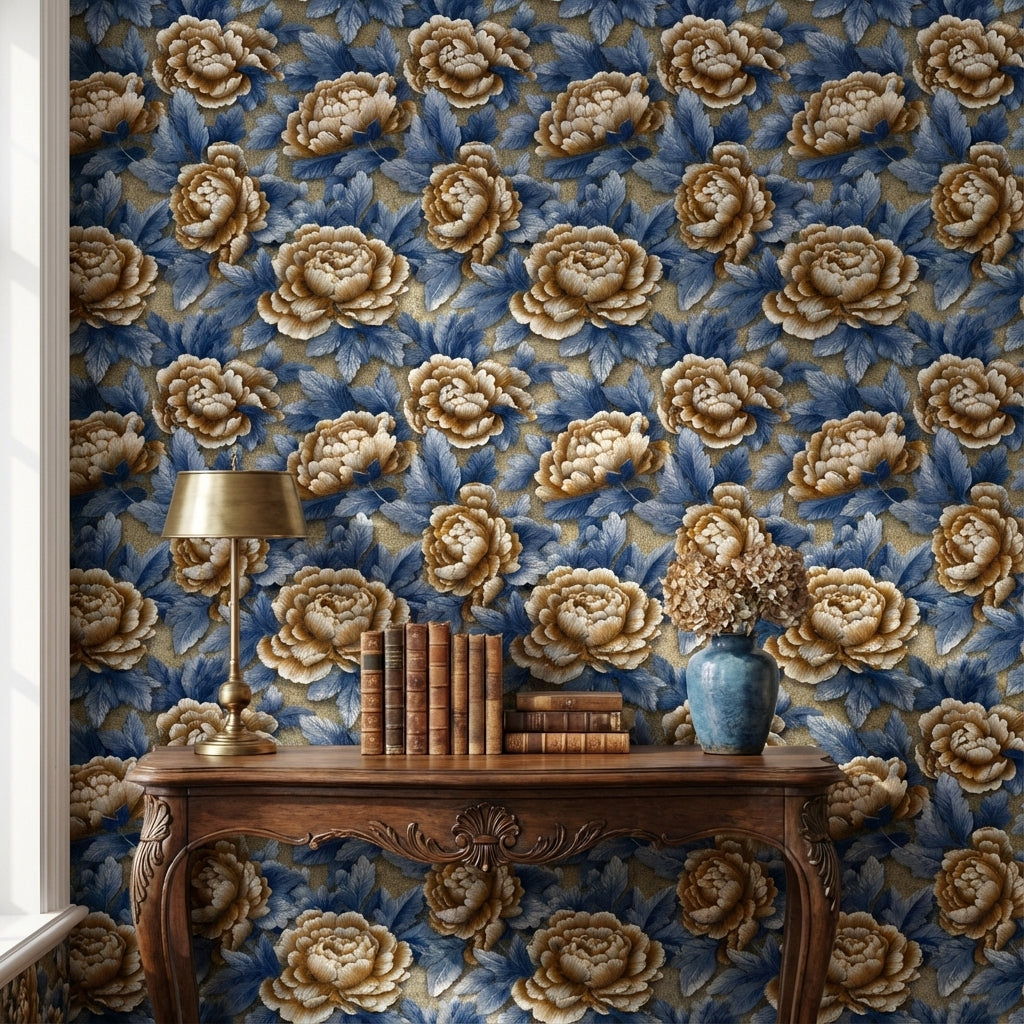Royal Blue and Beige Peony Floral Wallpaper