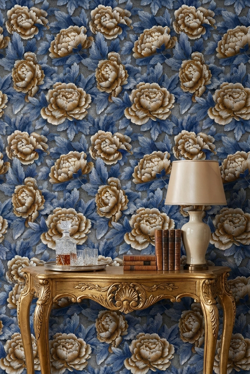 Royal Blue and Beige Peony Floral Wallpaper