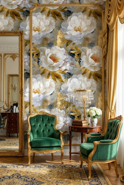 Dark Blue and Gold Look Peony Floral Wallpaper
