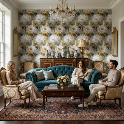 Dark Blue and Gold Look Peony Floral Wallpaper