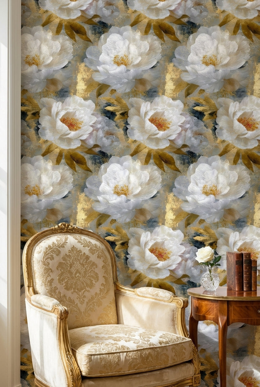 Dark Blue and Gold Look Peony Floral Wallpaper