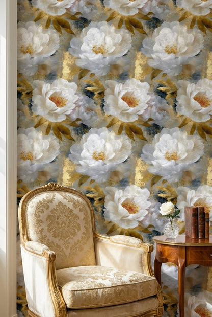Dark Blue and Gold Look Peony Floral Wallpaper