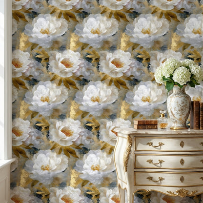Dark Blue and Gold Look Peony Floral Wallpaper