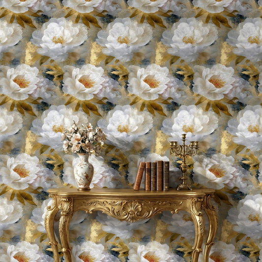 Dark Blue and Gold Look Peony Floral Wallpaper