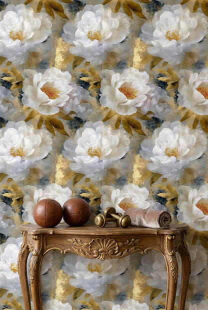 Dark Blue and Gold Look Peony Floral Wallpaper