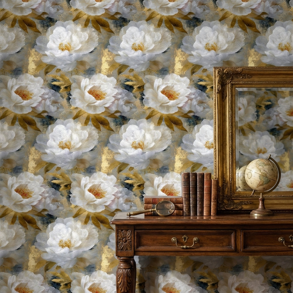 Dark Blue and Gold Look Peony Floral Wallpaper