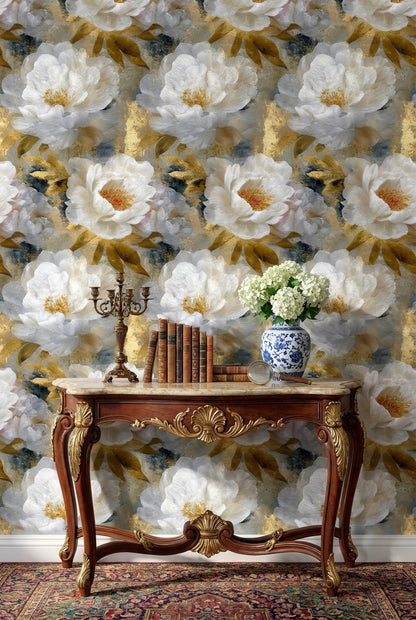 Dark Blue and Gold Look Peony Floral Wallpaper