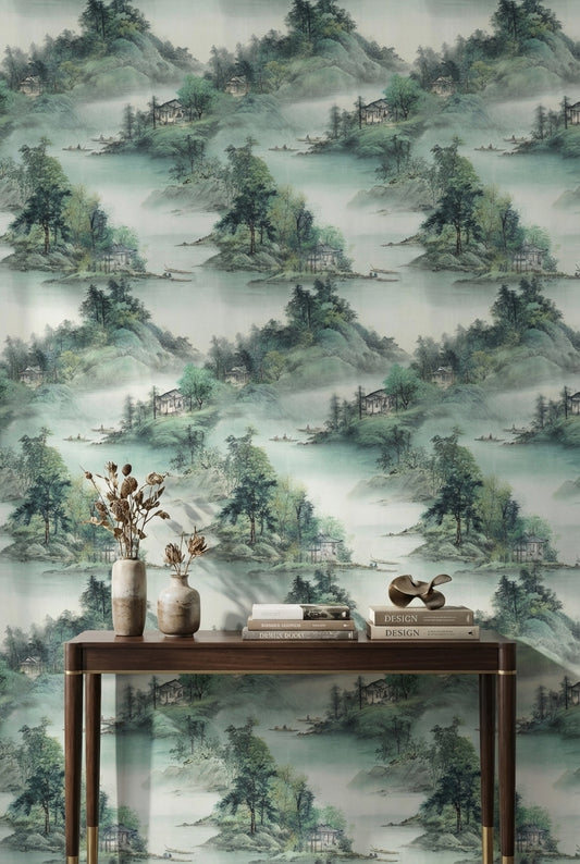 Soft Sage Green Chinoiserie Landscape Wallpaper