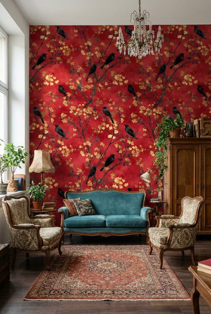 Crimson Red Cherry Blossom and Bird Wallpaper