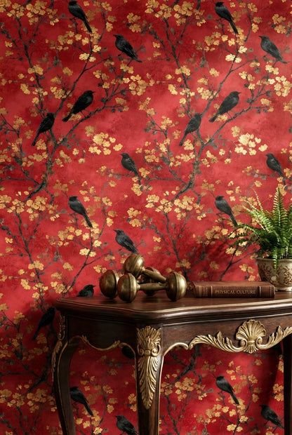 Crimson Red Cherry Blossom and Bird Wallpaper