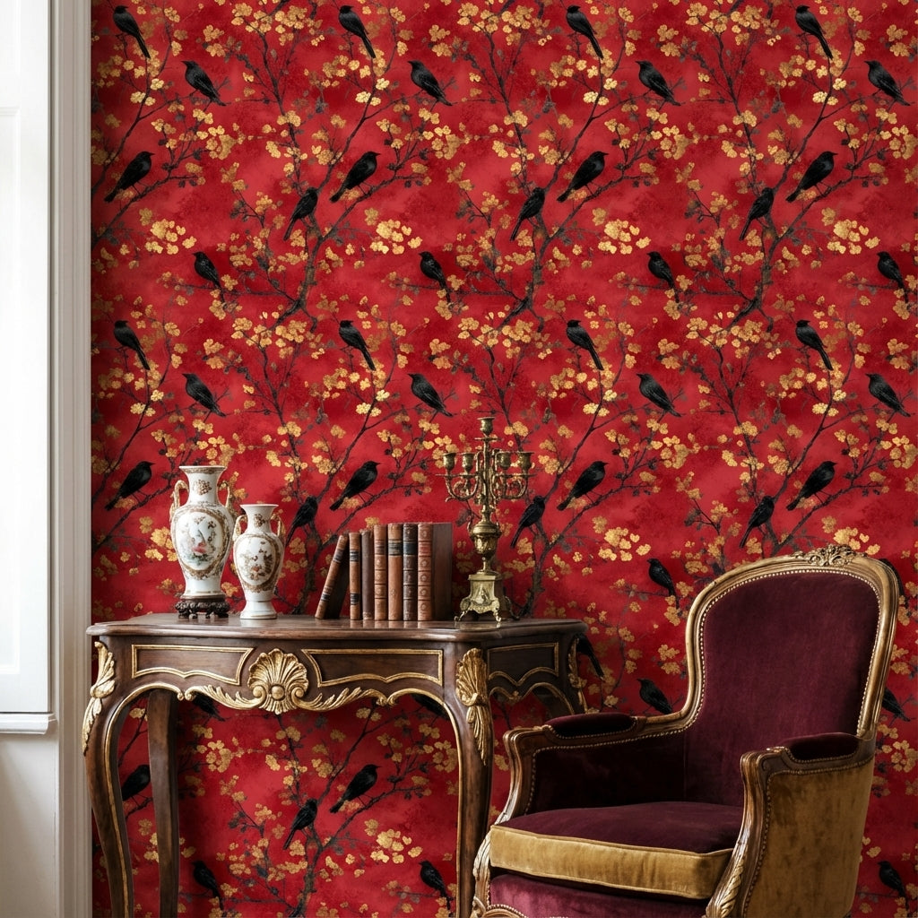Crimson Red Cherry Blossom and Bird Wallpaper