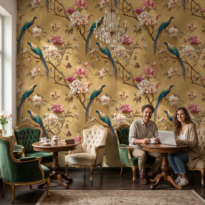 Gold Look Magnolia Bird Garden Wallpaper